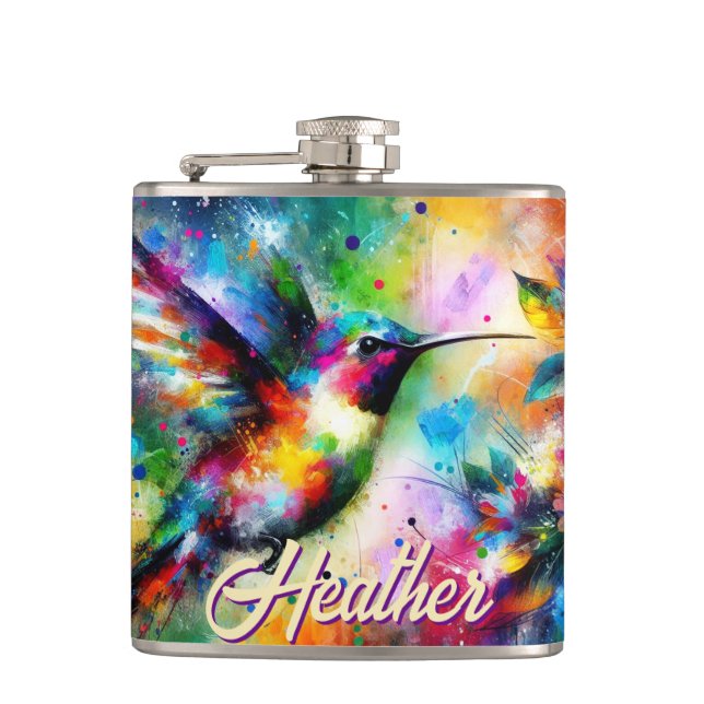 Whimsical Colourful Hummingbird Bird Personalized Hip Flask (Front)