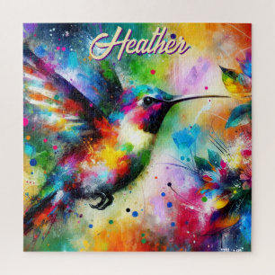 Whimsical Colourful Hummingbird Bird Personalized Jigsaw Puzzle