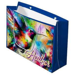 Whimsical Colourful Hummingbird Bird Personalized Large Gift Bag