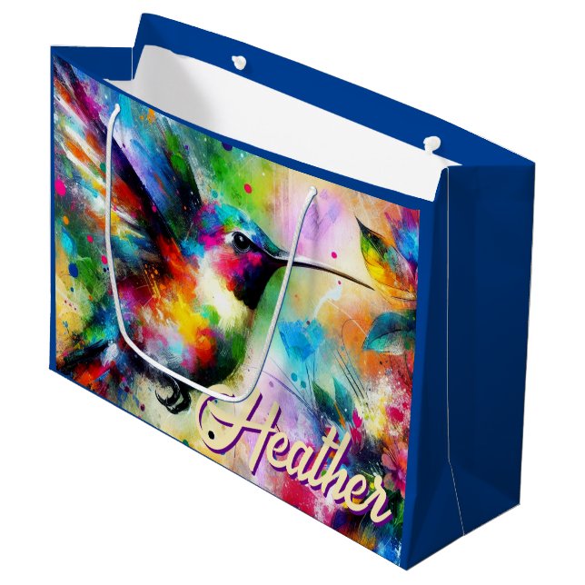 Whimsical Colourful Hummingbird Bird Personalized Large Gift Bag (Front Angled)