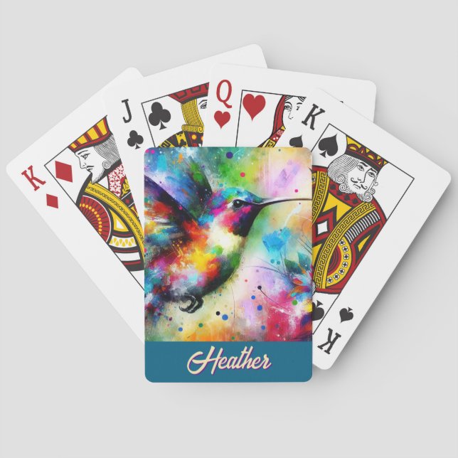 Whimsical Colourful Hummingbird Bird Personalized Playing Cards (Back)