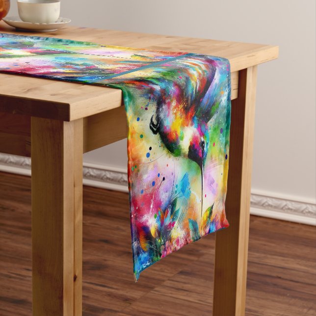 Whimsical Colourful Hummingbird Bird Personalized Short Table Runner (In Situ)
