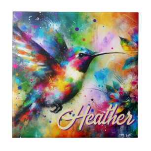 Whimsical Colourful Hummingbird Bird Personalized Tile