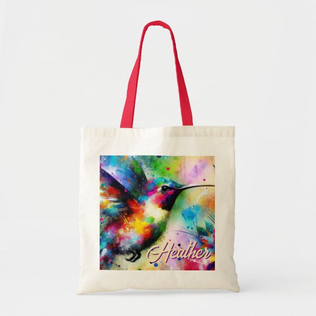 Whimsical Colourful Hummingbird Bird Personalized Tote Bag (Front)