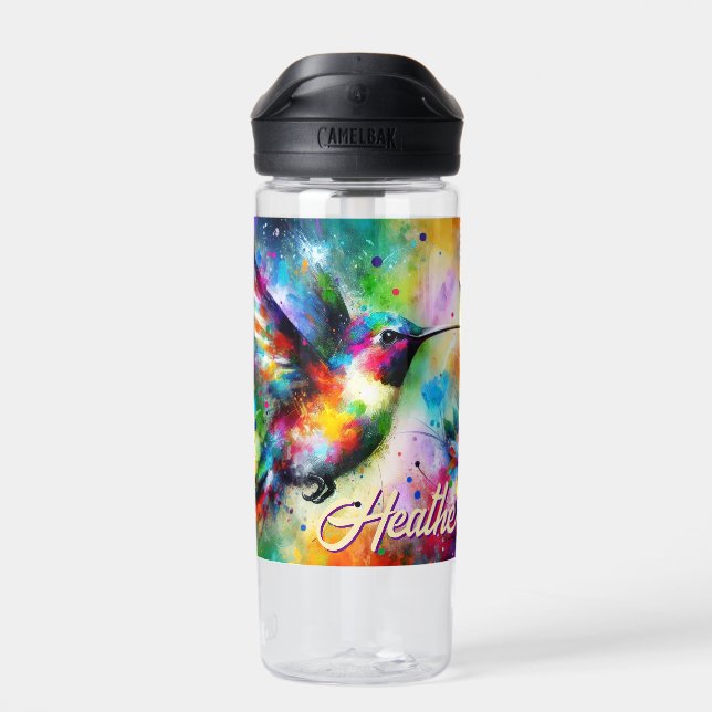 Whimsical Colourful Hummingbird Bird Personalized Water Bottle (Back)
