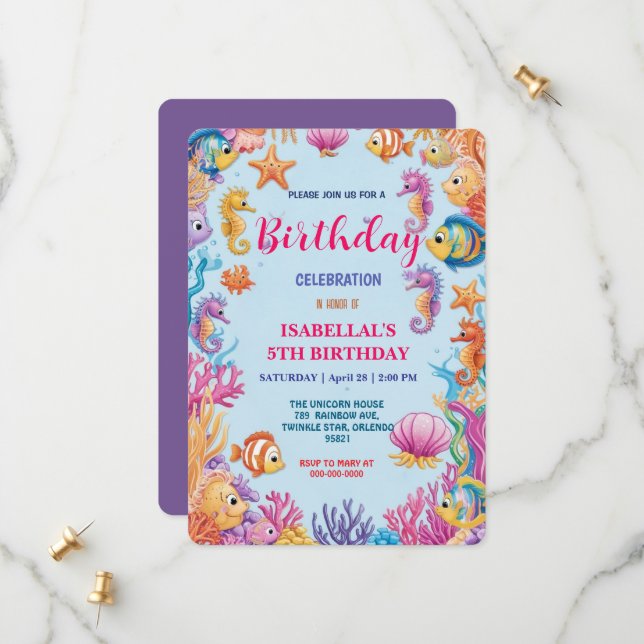 whimsical colourful Jellyfish seahorse birthday Save The Date (Front/Back In Situ)