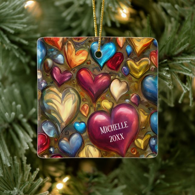 Whimsical Colourful Jewel Toned Hearts Christmas Ceramic Ornament (Tree)