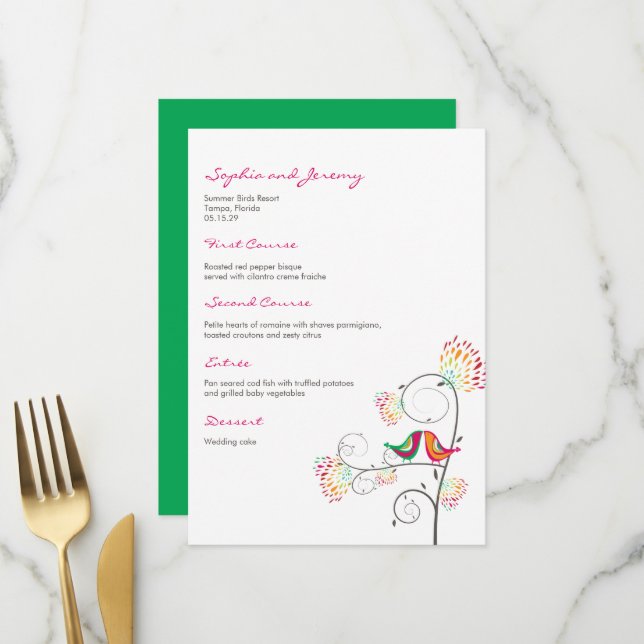 Whimsical Colourful Kissing Summer Birds Wedding Menu (Front/Back In Situ)