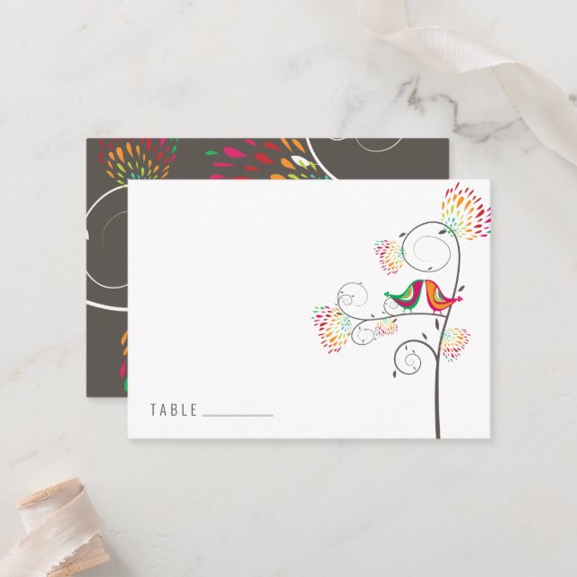 Whimsical Colourful Kissing Summer Birds Wedding Place Card (Front/Back In Situ)