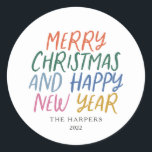 Whimsical Colourful Merry Christmas Happy New Year Classic Round Sticker<br><div class="desc">Elevate your holiday stationery,  crafts of gift wrap with these personalized stylish holiday stickers.  Featuring whimsical styled typography in bright colours.</div>