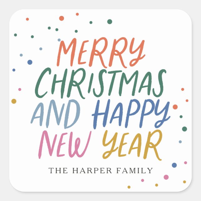 Whimsical Colourful Merry Christmas Happy New Year Square Sticker (Front)