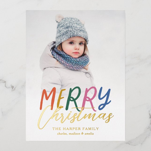 Whimsical Colourful Merry Full Photo Bright Letter Foil Holiday Postcard (Front)
