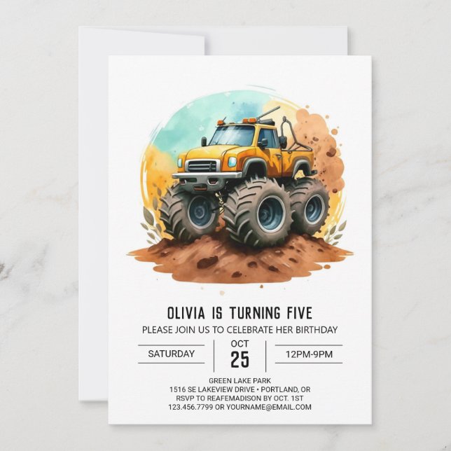 Whimsical Colourful Monster Truck Birthday Invitation (Front)