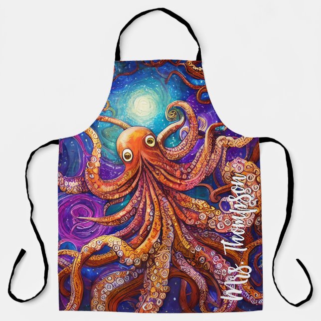 Whimsical Colourful Octopus with Personalized Name Apron (Front)