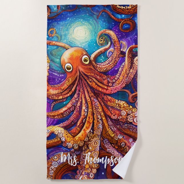 Whimsical Colourful Octopus with Personalized Name Beach Towel (Front)