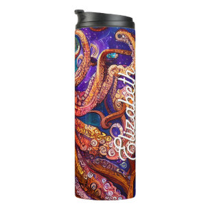 Whimsical Colourful Octopus with Personalized Name Thermal Tumbler