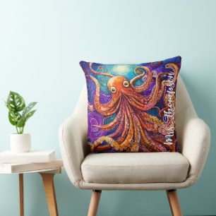 Whimsical Colourful Octopus with Personalized Name Throw Pillow