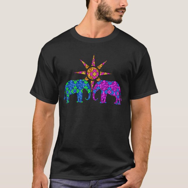 Whimsical Colourful Paisley Elephants In The Sun T-Shirt (Front)