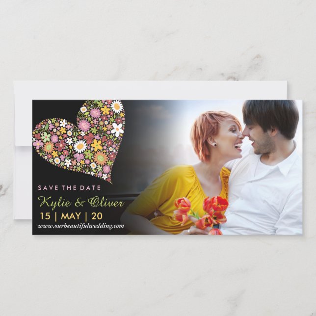 Whimsical Colourful Pink Spring Flowers Heart Phot Save The Date (Front)