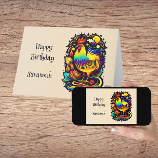 Whimsical Colourful Rooster Cartoon Birthday Card