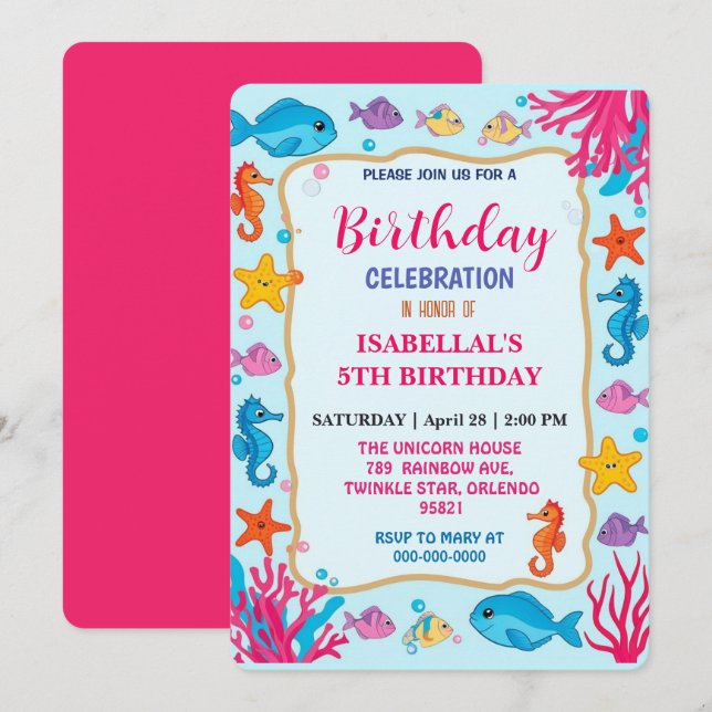 whimsical colourful seahorse star birthday party  save the date (Front/Back)