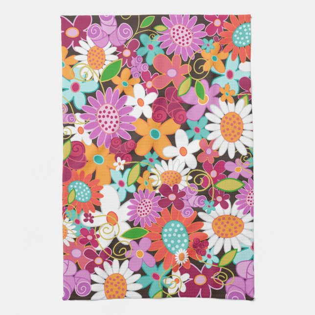Whimsical Colourful Spring Flowers Floral Garden Kitchen Towel (Vertical)