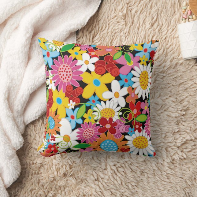 Whimsical Colourful Spring Flowers Garden Chic Cut Throw Pillow (Blanket)