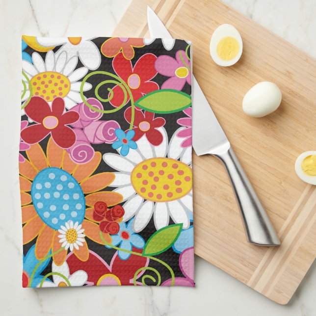 Whimsical Colourful Spring Flowers Garden Kitchen Towel (Quarter Fold)