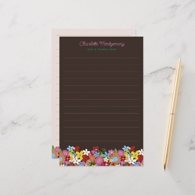 Whimsical Colourful Spring Flowers Garden Thank Yo Stationery (Front/Back In Situ)