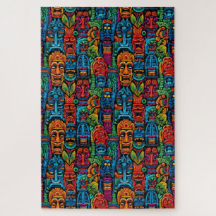 Whimsical Colourful Tropical Tiki Masks Difficult Jigsaw Puzzle