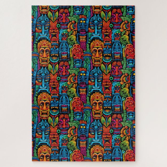 Whimsical Colourful Tropical Tiki Masks Difficult Jigsaw Puzzle (Vertical)