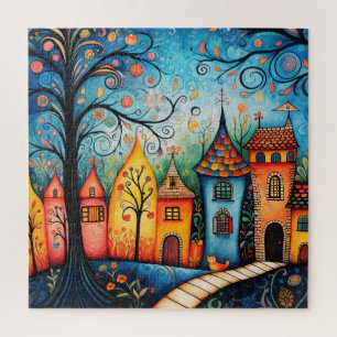 Whimsical Colourful Watercolor Village Jigsaw Puzzle