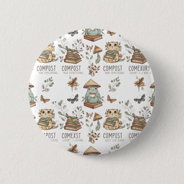 Whimsical "Compost Your Expectations" Frog & Cat P 2 Inch Round Button (Front)