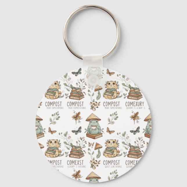 Whimsical "Compost Your Expectations" Frog & Cat P Keychain (Front)