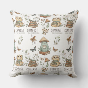Whimsical "Compost Your Expectations" Frog & Cat P Throw Pillow