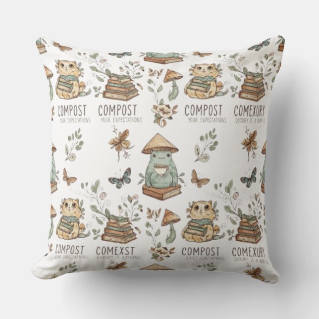 Whimsical "Compost Your Expectations" Frog & Cat P Throw Pillow (Front)