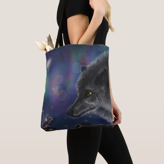 Whimsical Conversation: Wolf and Mouse Tote Bag (Close Up)