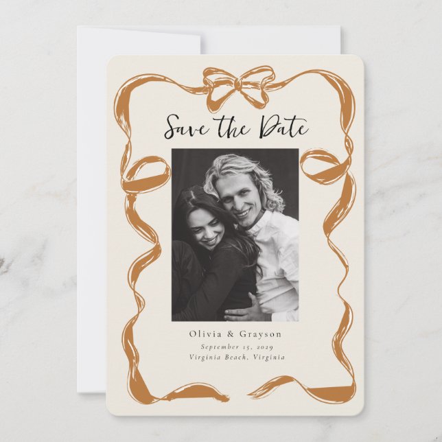 Whimsical Copper Photo  Bow Save the Date (Front)