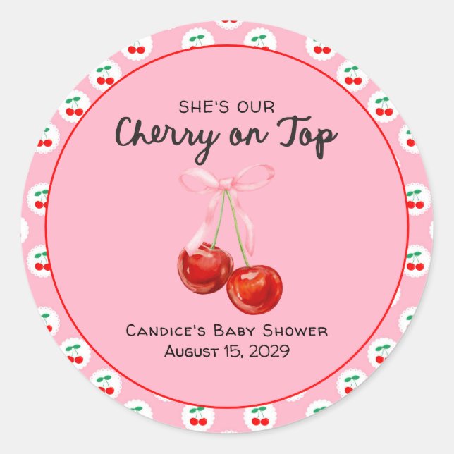 Whimsical Coqette Cherry on Top Baby Shower  Classic Round Sticker (Front)
