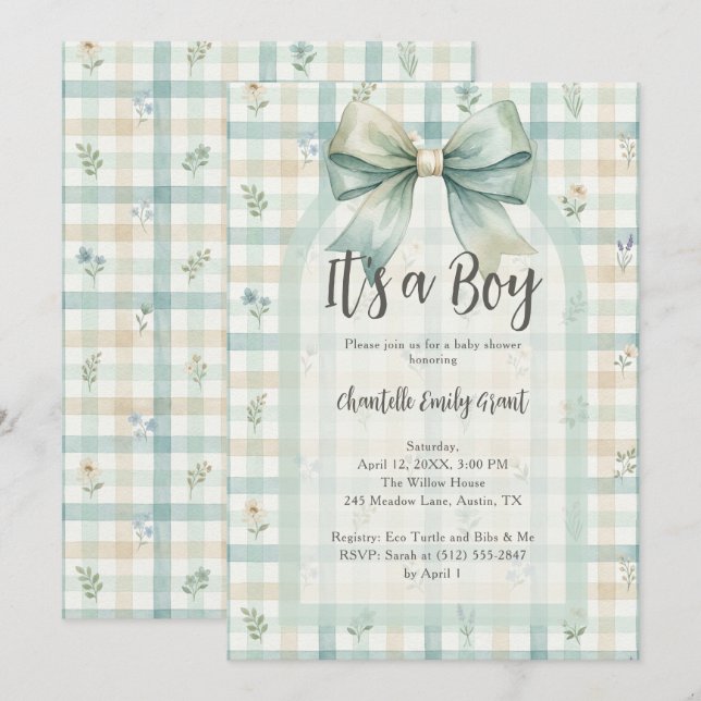 Whimsical Coquette Blue Gingham Baby Shower TMF26 Invitation (Front/Back)