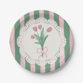 Whimsical Coquette Pink Bow Vintage Tulip Paper Plate