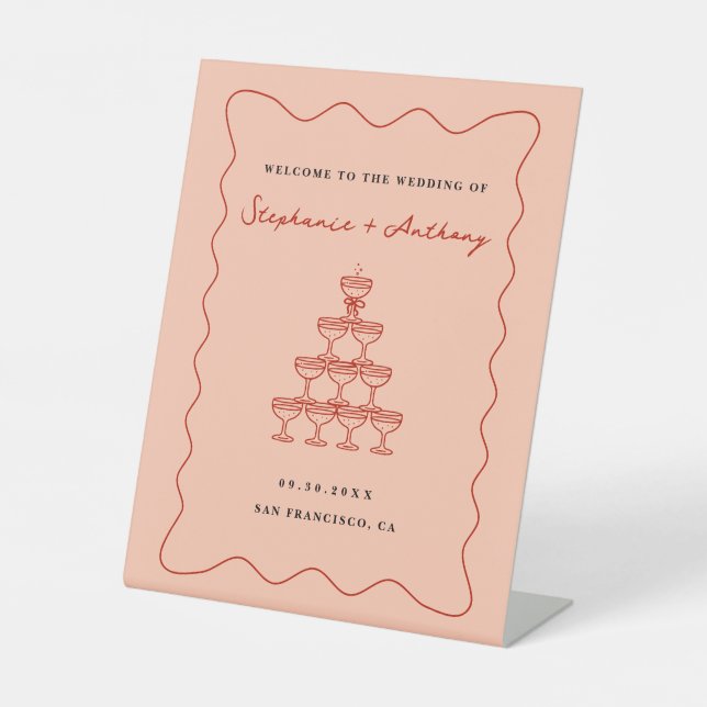 Whimsical Coral and Cherry Red Champagne Wedding Pedestal Sign (Front)
