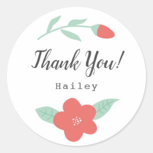 Whimsical Coral Flower Thank You Custom Classic Round Sticker