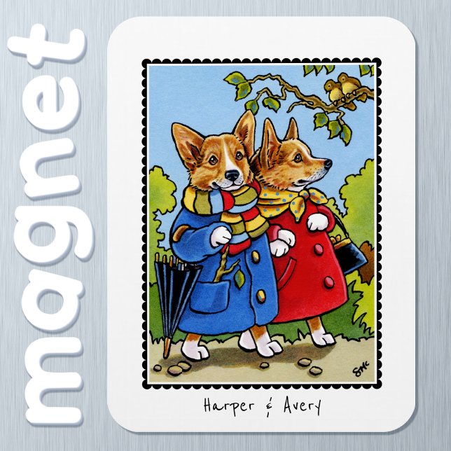 Whimsical Corgi Dog Illustration Custom Name Magnet (Creator Uploaded)