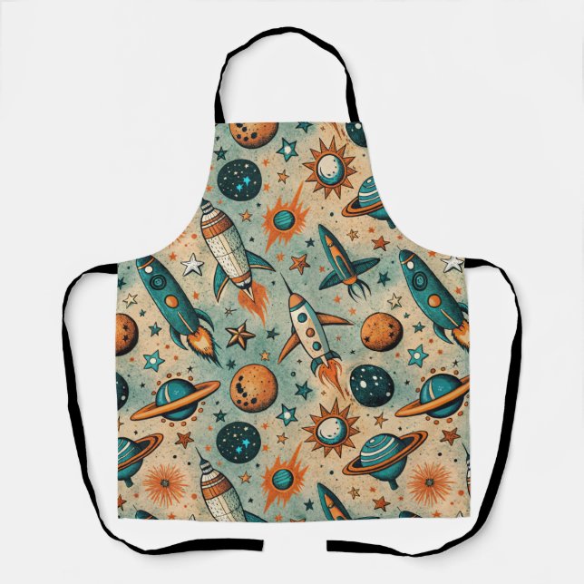 Whimsical Cosmic Rockets Stars Teal Coral Apron (Front)