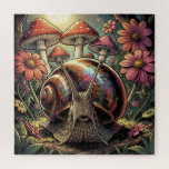Whimsical Cosmic Snail & Mushroom Garden   Jigsaw Puzzle<br><div class="desc">Cottagecore puzzle. This illustration is a vibrant take on the cottagecore aesthetic, blending natural elements with a touch of cosmic magic. Step into a magical woodland realm with this enchanting "trippy-meets-vintage" illustration. Featuring a majestic snail with a shimmering, iridescent oil-slick shell, this artwork captures the quiet wonder of the forest...</div>
