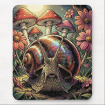 Whimsical Cosmic Snail & Mushroom Garden   Mouse Pad<br><div class="desc">Cottagecore snail mouse pad. This illustration is a vibrant take on the cottagecore aesthetic, blending natural elements with a touch of cosmic magic. Step into a magical woodland realm with this enchanting "trippy-meets-vintage" illustration. Featuring a majestic snail with a shimmering, iridescent oil-slick shell, this artwork captures the quiet wonder of...</div>