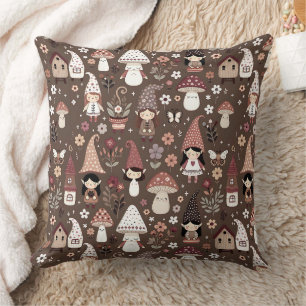 Whimsical Cottage Core Gnomes and Mushrooms Throw Pillow