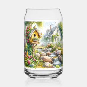 Whimsical Cottage Garden Birdhouse Stream Can Glass