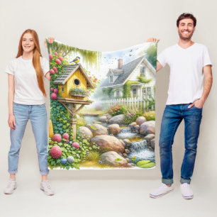 Whimsical Cottage Garden Birdhouse Stream Fleece Blanket